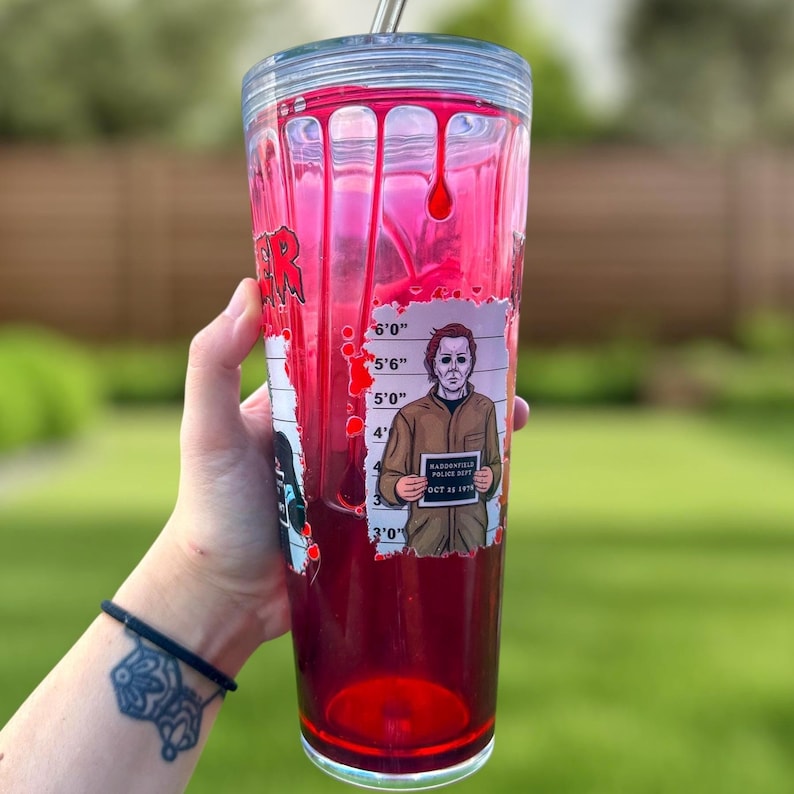 Halloween Horror Killers Mugshot Themed Blood Drip Tumbler