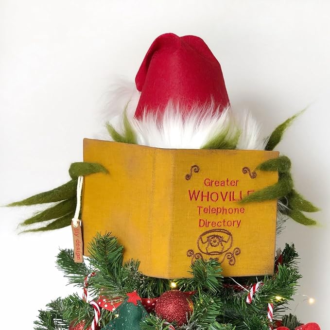 Christmas Tree Topper Funny Grinch Hiding Behind Book