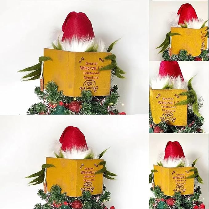 Christmas Tree Topper Funny Grinch Hiding Behind Book