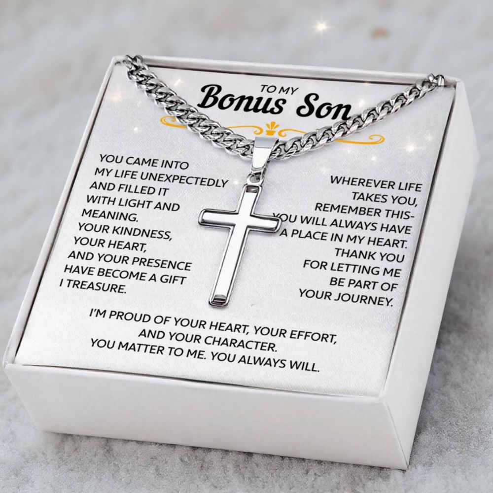 To My Bonus Son - "My Family Forever" Artisan Cross Cuban Link Chain Gift Set