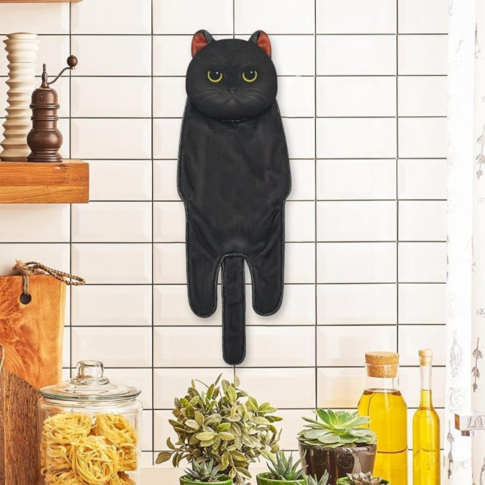 Adorable Cat Hand Towel With Hanging Loop - Black Cat
