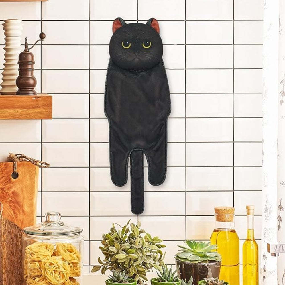 Adorable Cat Hand Towel With Hanging Loop - Black Cat