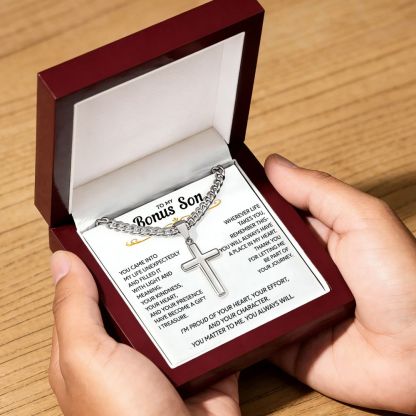 To My Bonus Son - "My Family Forever" Artisan Cross Cuban Link Chain Gift Set