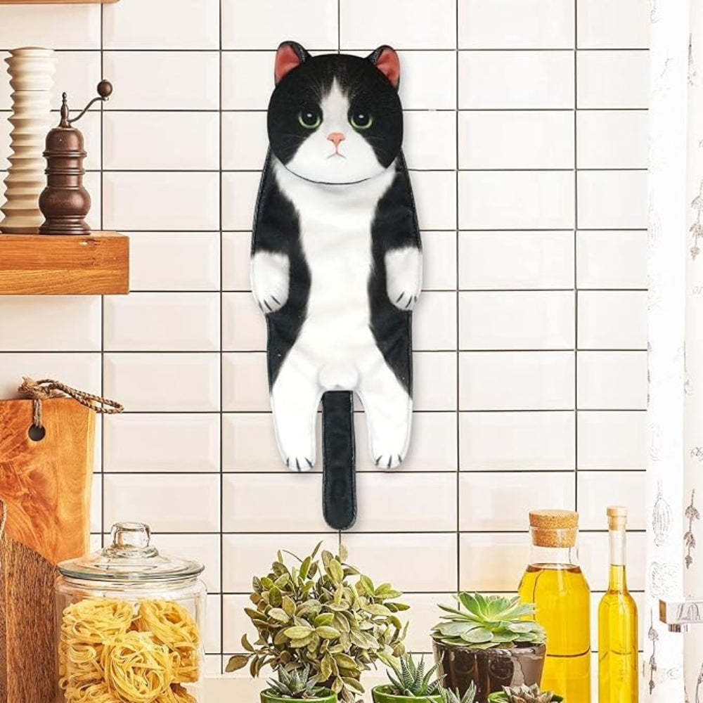 Adorable Cat Hand Towel With Hanging Loop - Tuxedo Cat