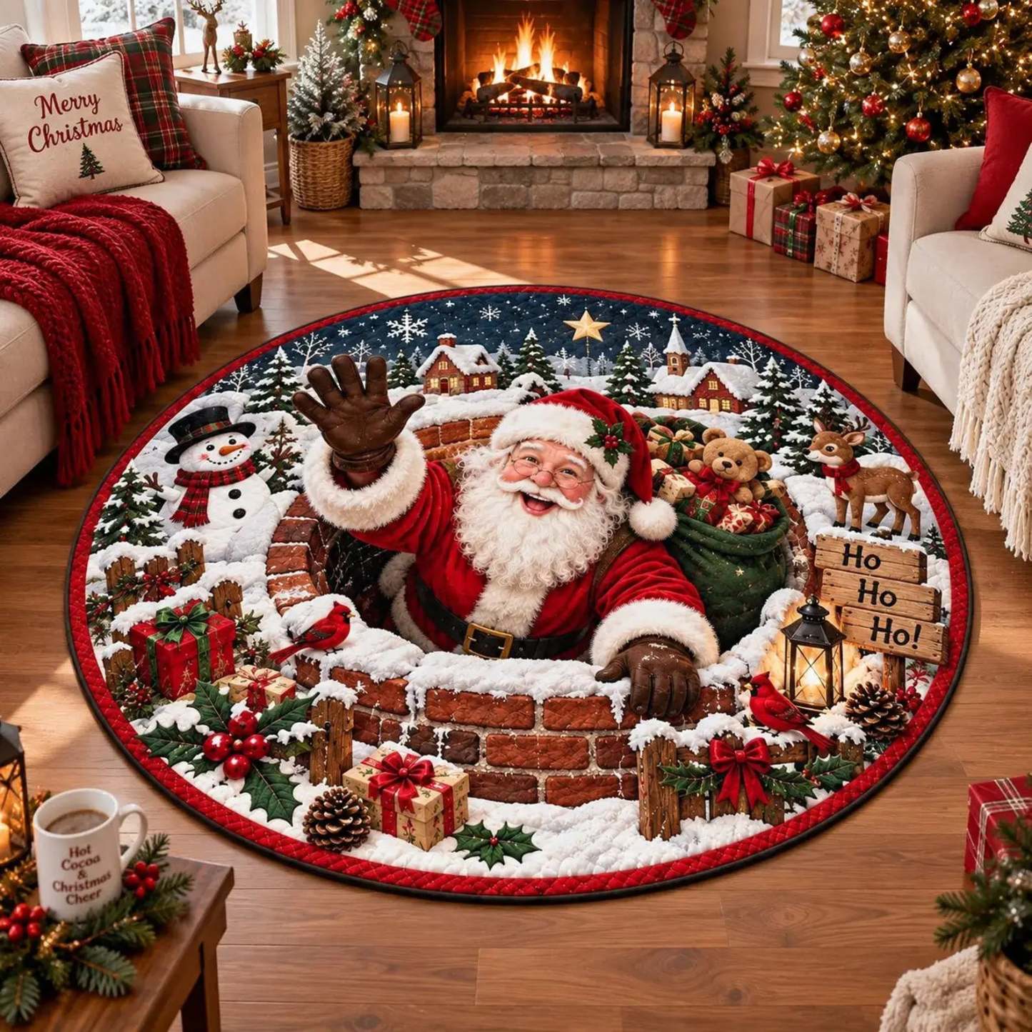 A round Christmas-themed area rug featuring Santa Claus rising from a brick fireplace with snow, gifts, birds, and holiday decorations, shown in a cozy living room setting.