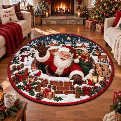 A round Christmas-themed area rug featuring Santa Claus rising from a brick fireplace with snow, gifts, birds, and holiday decorations, shown in a cozy living room setting.