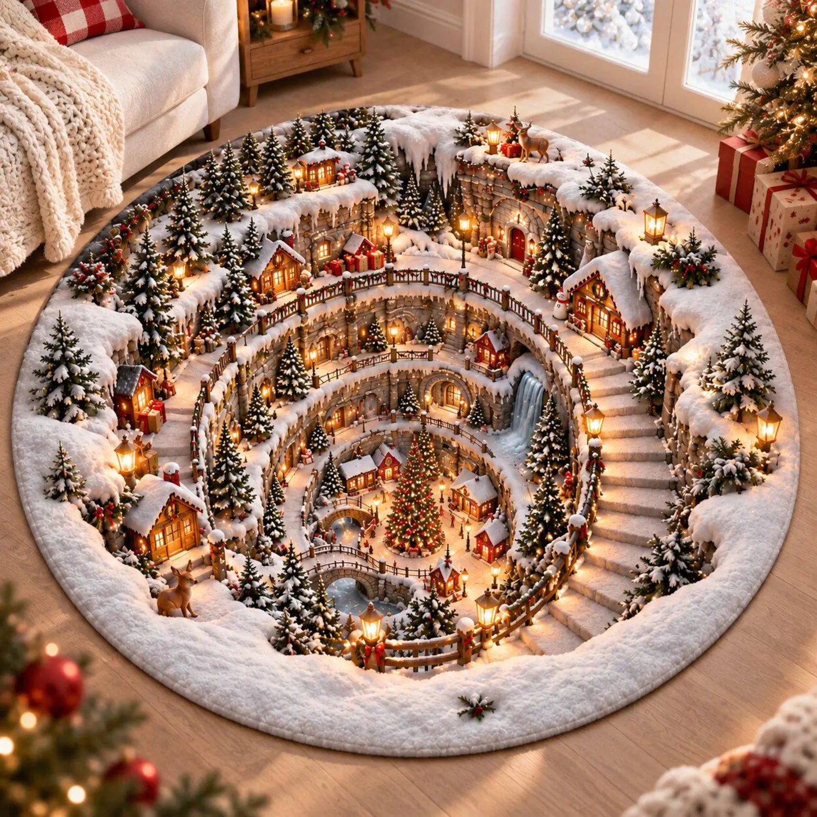 A round Christmas-themed area rug featuring a detailed miniature winter village scene with glowing houses, snow-covered trees, bridges, and winding pathways, displayed on a wooden floor in a cozy living room setting.
