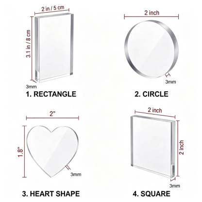 Size comparison chart showing four clear acrylic picture frame shapes: rectangle, circle, heart, and square. Each frame is labeled with dimensions, including 2 inch by 3 mm, on a white background.