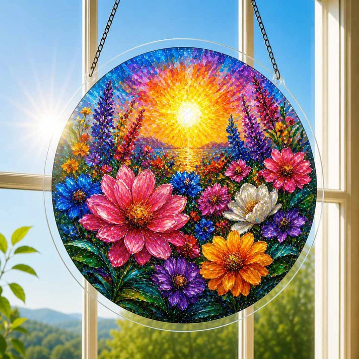 A round acrylic suncatcher with a mosaic radiant sun over a colorful flower field hanging from a chain in front of a bright white window