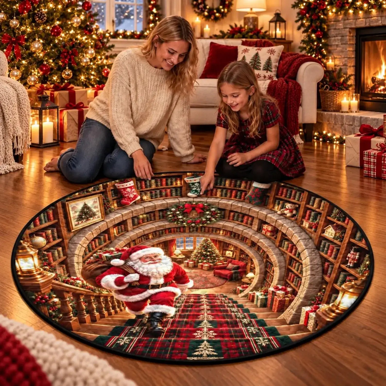A round Christmas-themed area rug featuring a 3D-effect library staircase with Santa Claus, shown on a wooden floor in a cozy decorated living room with two people kneeling and looking at it.