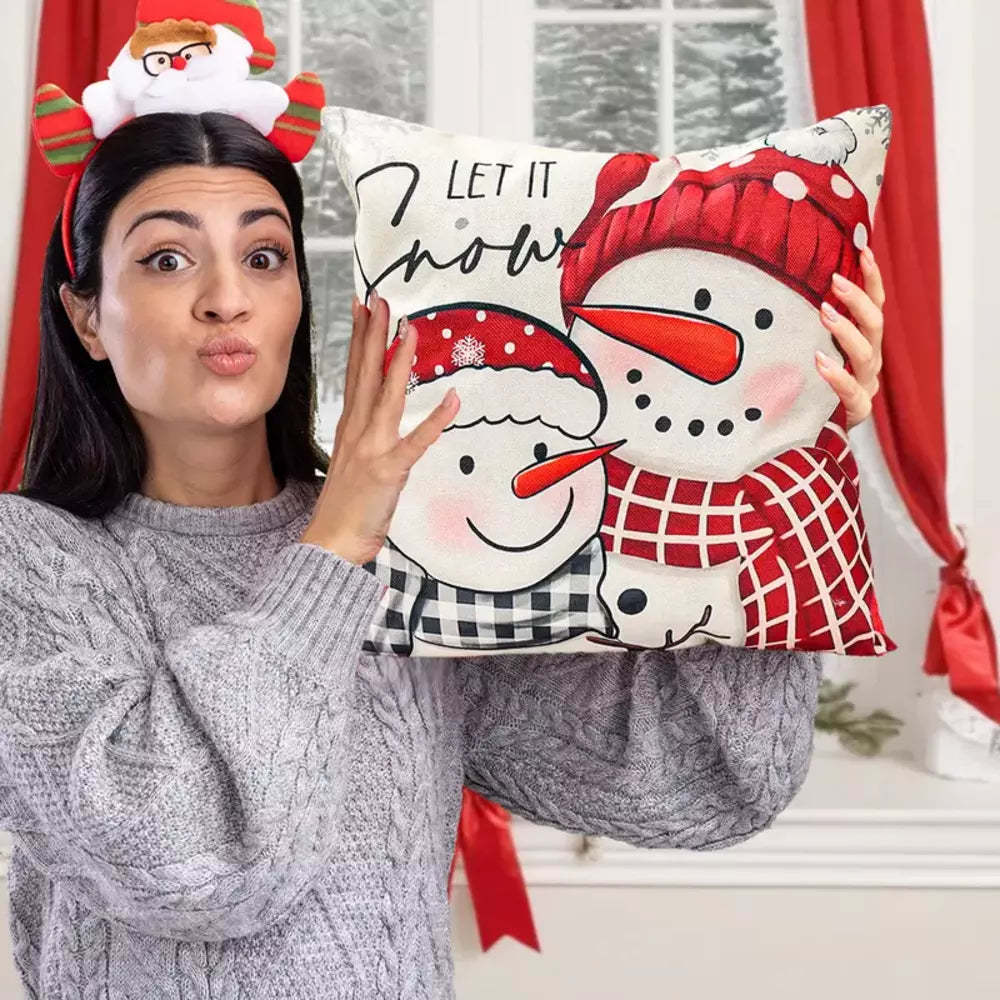 Close-up of the printed Christmas design on a decorative pillow cover
