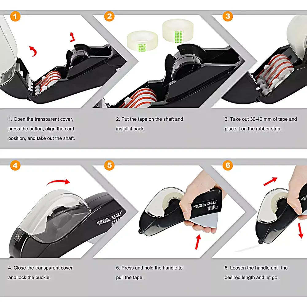 Step-by-step guide on how to use a tape dispenser with images and text instructions.