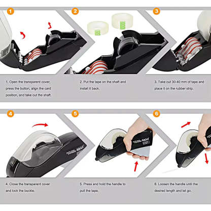 Step-by-step guide on how to use a tape dispenser with images and text instructions.