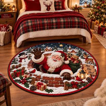 A round Christmas-themed area rug featuring Santa Claus waving from a snowy brick chimney, displayed on a wooden floor in a cozy, decorated bedroom setting.