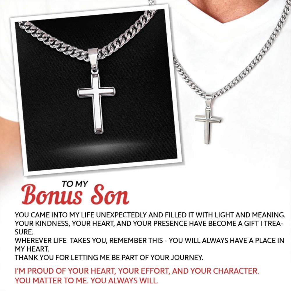 To My Bonus Son - "My Family Forever" Artisan Cross Cuban Link Chain Gift Set