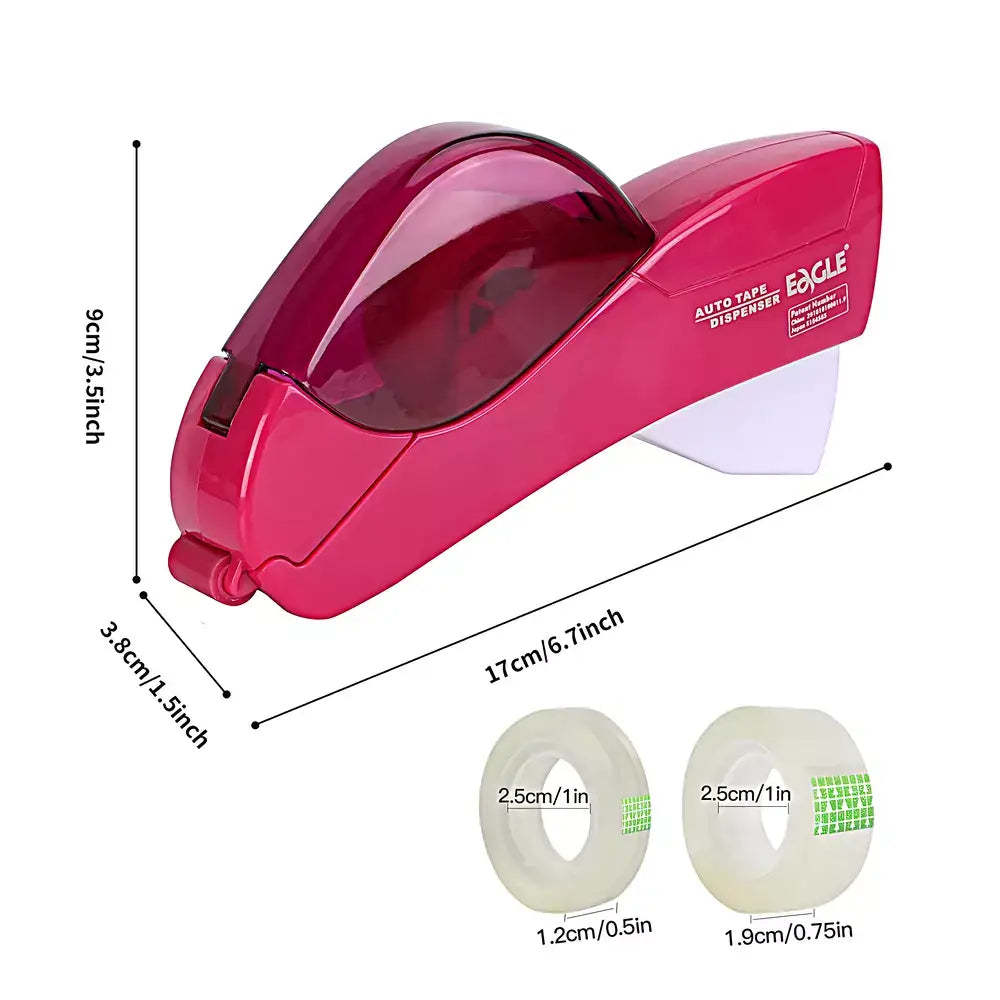 Pink automatic tape dispenser shown with dimension lines indicating 17 cm length, 3.8 cm width, and 9 cm height, plus two rolls of tape labeled 2.