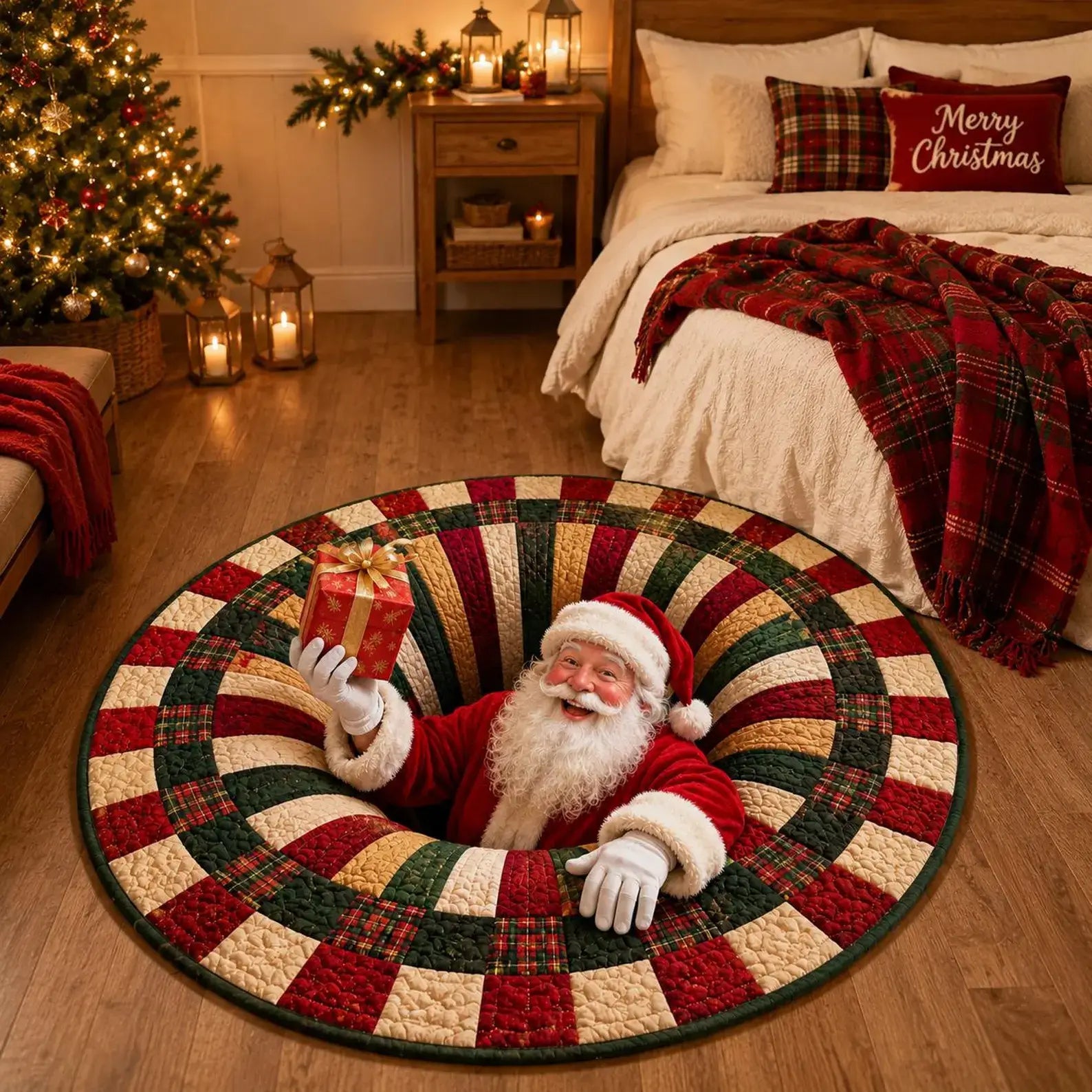 A round Christmas-themed rug with a patchwork design in red, green, and cream, featuring an embedded Santa Claus figure holding a gift. The rug is displayed on a wooden floor in a cozy, warmly lit bedroom setting with a bed, nightstand, and Christmas tree in the background.