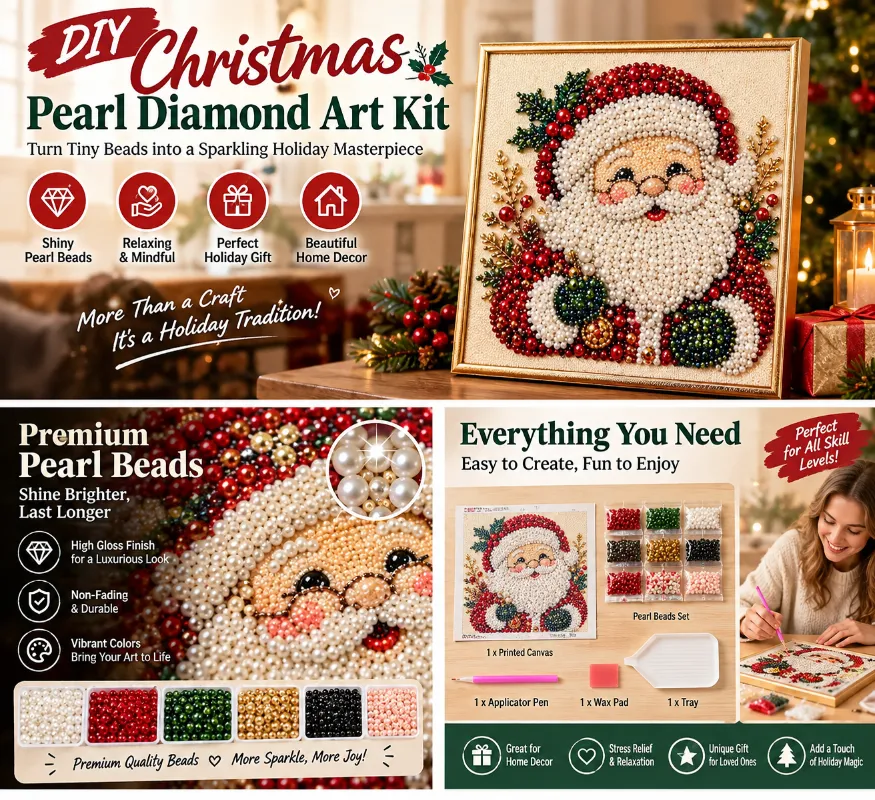 Christmas Pearl Diamond Art Kit – 3D Beaded DIY Holiday Decor