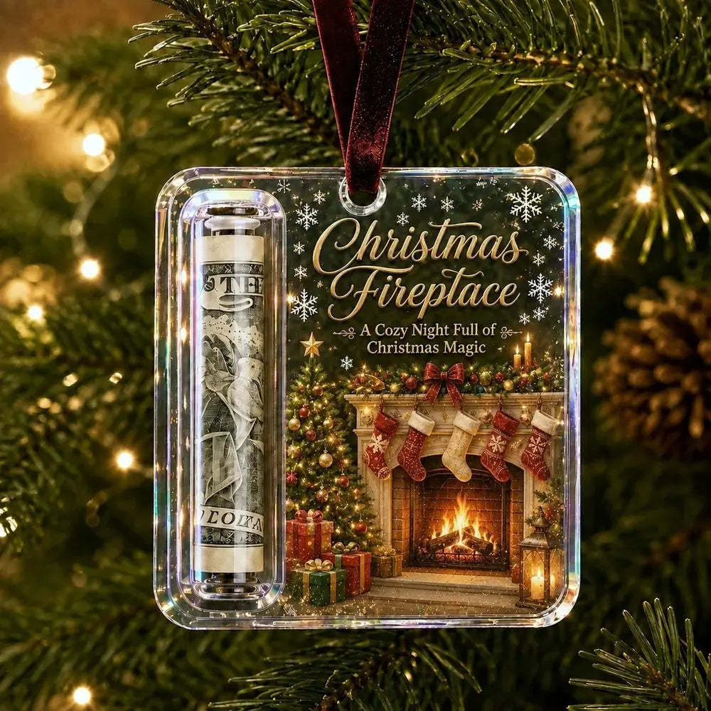 A square Christmas ornament hanging from a tree branch, featuring a rolled dollar bill and a printed holiday scene with stockings, gifts, and a fireplace. The ornament has a clear plastic border and a dark red hanging ribbon.