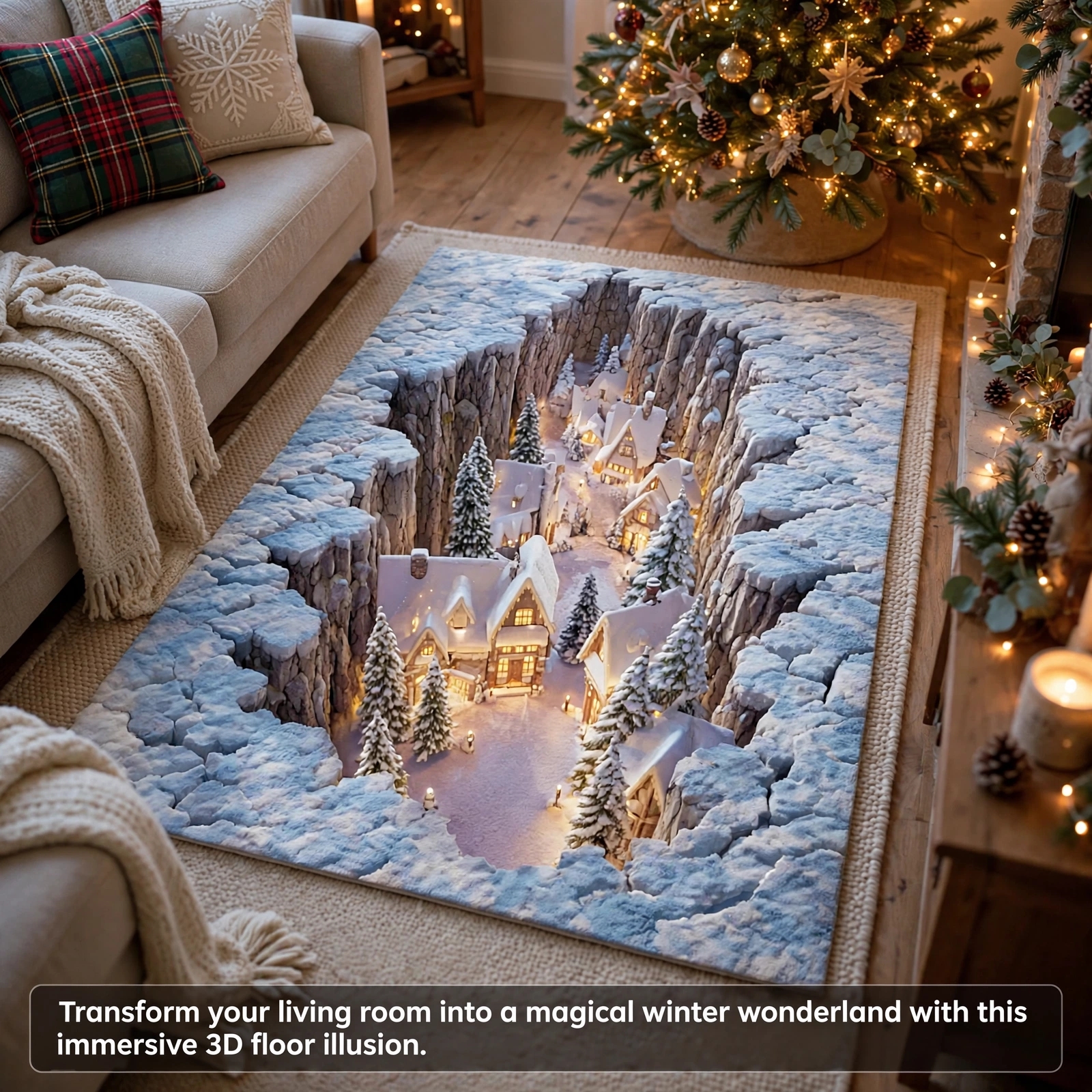 Winter Wonderland Snowy Village 3D Illusion Area Rug - H728
