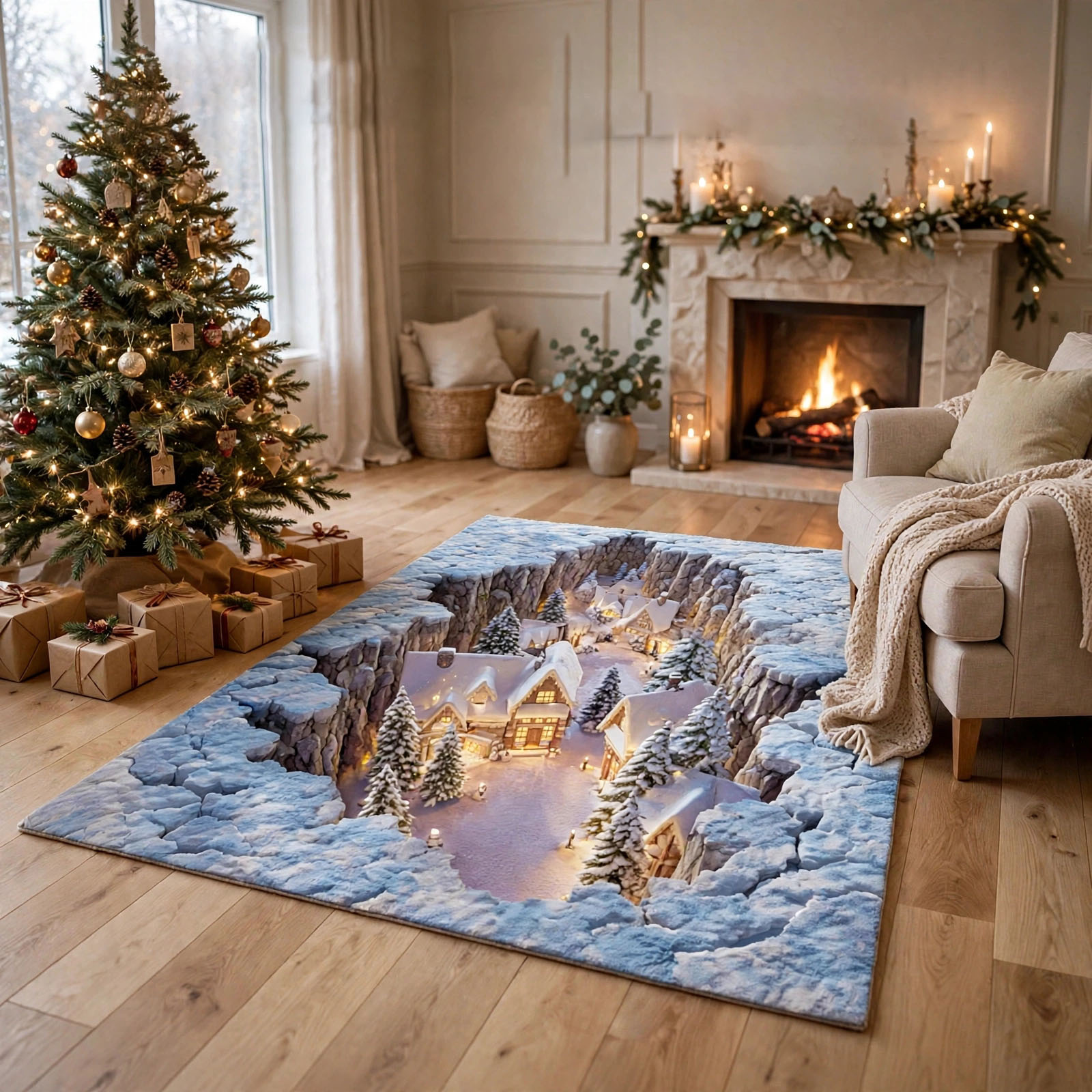 Winter Wonderland Snowy Village 3D Illusion Area Rug - H728