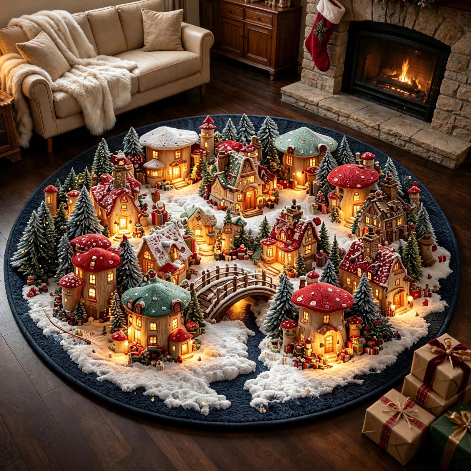 Magical Christmas Mushroom Village Round Rug - J098