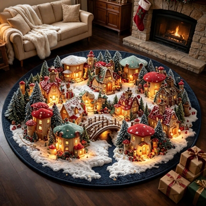 Magical Christmas Mushroom Village Round Rug - J098
