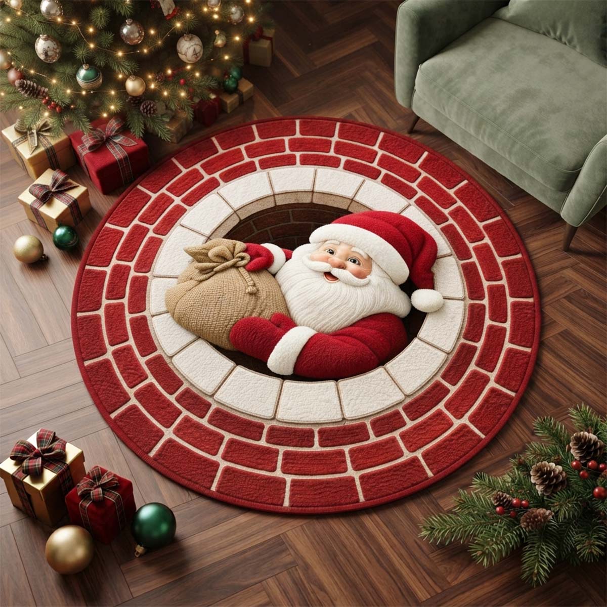 Santa's Gift Delivery 3D Illusion Round Rug - H735
