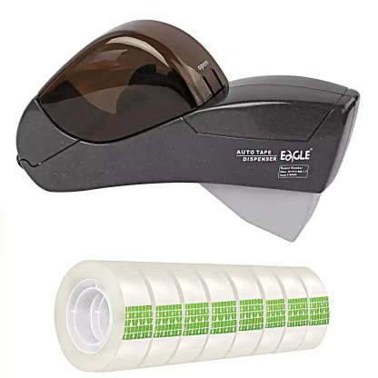 An Eagle brand automatic tape dispenser shown above a roll of clear tape with green printed labels, on a plain white background.