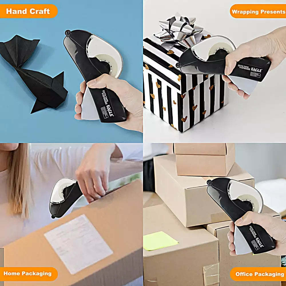 A four-panel collage showing a black and white tape dispenser being used for gift wrapping, home packaging, and office packing. The top-left panel shows the dispenser creating a black paper airplane under the 'Hand Craft' label.