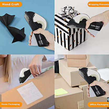 A four-panel collage showing a black and white tape dispenser being used for gift wrapping, home packaging, and office packing. The top-left panel shows the dispenser creating a black paper airplane under the 'Hand Craft' label.