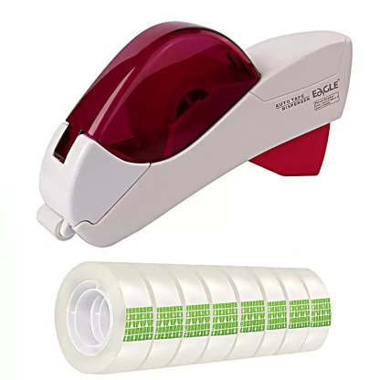 An Eagle brand automatic tape dispenser shown with a roll of clear tape featuring green adhesive labels, on a solid white background.