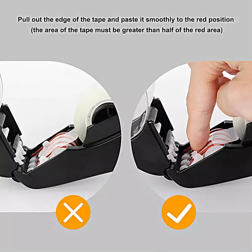 Instruction graphic showing how to apply tape to a device. Text at the top reads, 'Pull out the edge of the tape and paste it smoothly to the red position (the area of the tape must be greater than half of the red area)'.