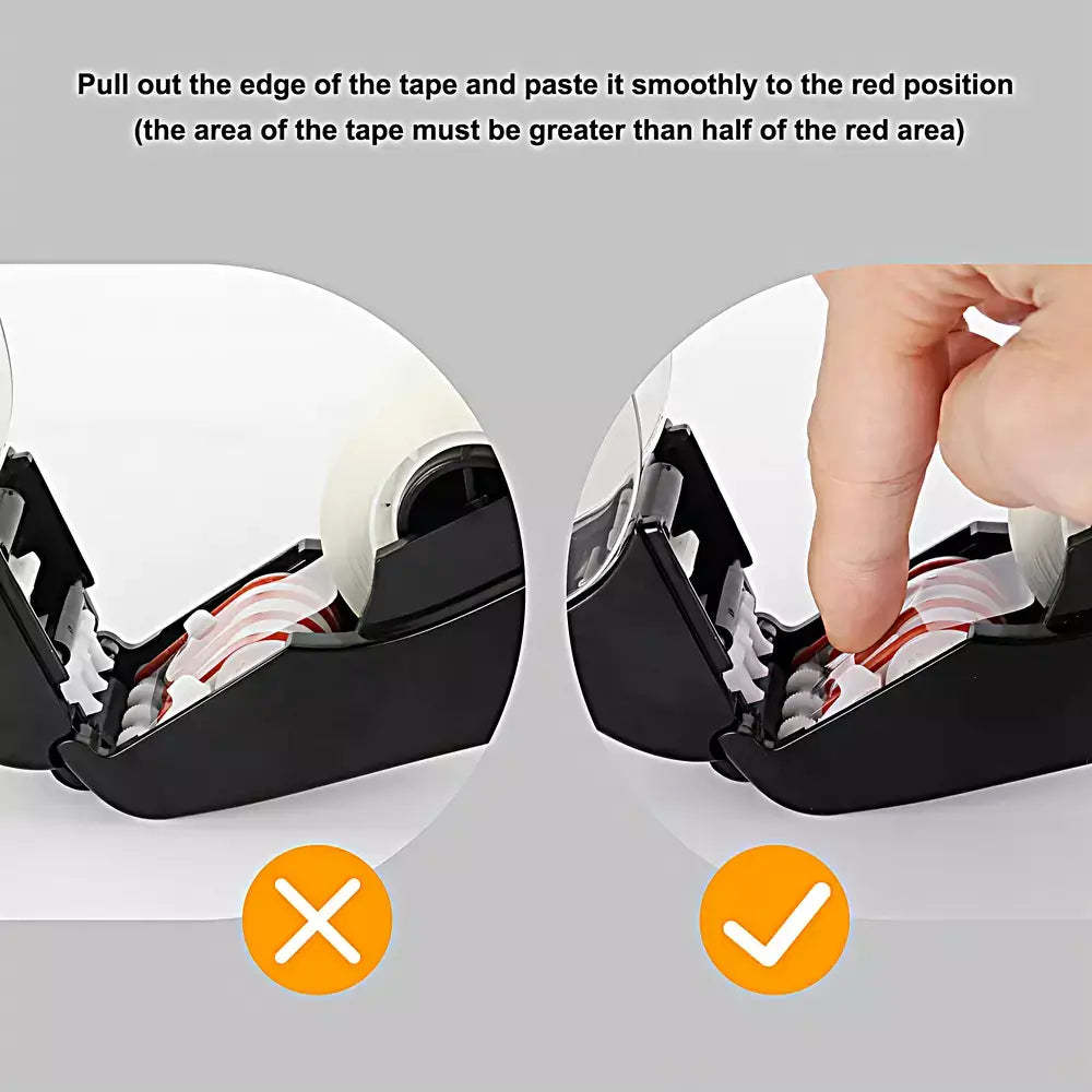 Instruction graphic showing how to apply tape to a device. Text at the top reads, 'Pull out the edge of the tape and paste it smoothly to the red position (the area of the tape must be greater than half of the red area)'.