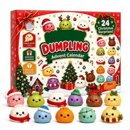 A festive Christmas advent calendar set for dumplings, featuring a red and white illustrated box labeled 'Dumpling Advent Calendar' with '24 Christmas Surprises!' and a row of colorful cute dumpling figures in front. The box includes holiday illustrations such as a Christmas tree, presents, candy canes, and Santa hats, and the front shows a large red-and-green 'DUMPLING' title.