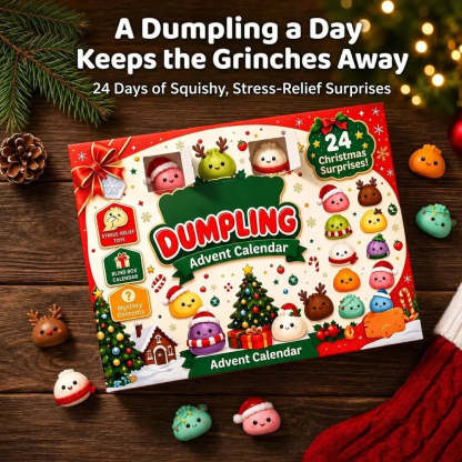 A festive dumpling-themed advent calendar box sits on a dark wooden surface with holiday props including pine branches, a red knit stocking, and small dumpling charms. Large promotional text at the top reads, 'A Dumpling a Day Keeps the Grinches Away' and '24 Days of Squishy, Stress-Relief Surprises.