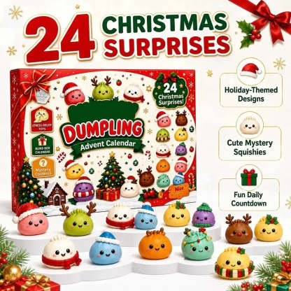 Christmas-themed dumpling advent calendar set with a red gift box labeled 'Dumpling Advent Calendar' and '24 Christmas Surprises,' surrounded by small colorful cute dumplings and holiday decorations on a white background with feature callouts.