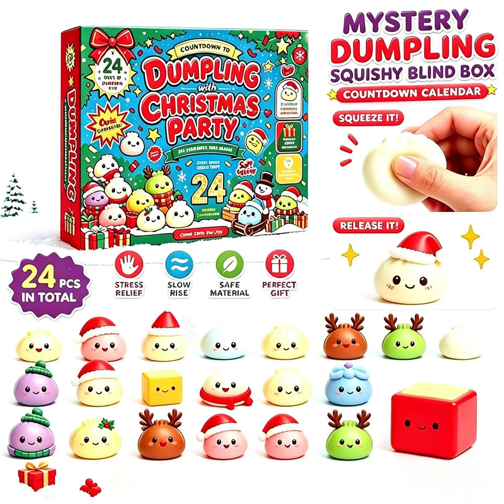 Mystery Dumpling Christmas Party stress relief advent calendar set, featuring a colorful 24-piece box, a hand squeezing a white dumpling, and multiple cute pastel dumpling characters arranged below on a white background.