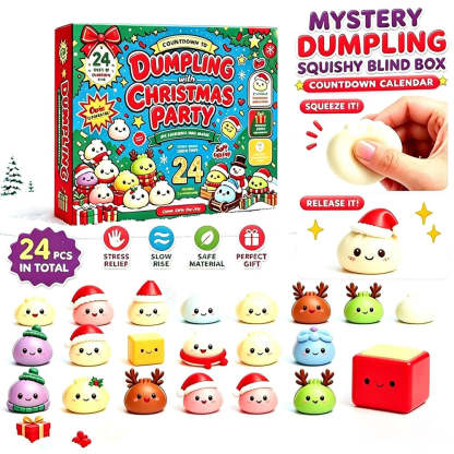 Mystery Dumpling Christmas Party stress relief advent calendar set, featuring a colorful 24-piece box, a hand squeezing a white dumpling, and multiple cute pastel dumpling characters arranged below on a white background.