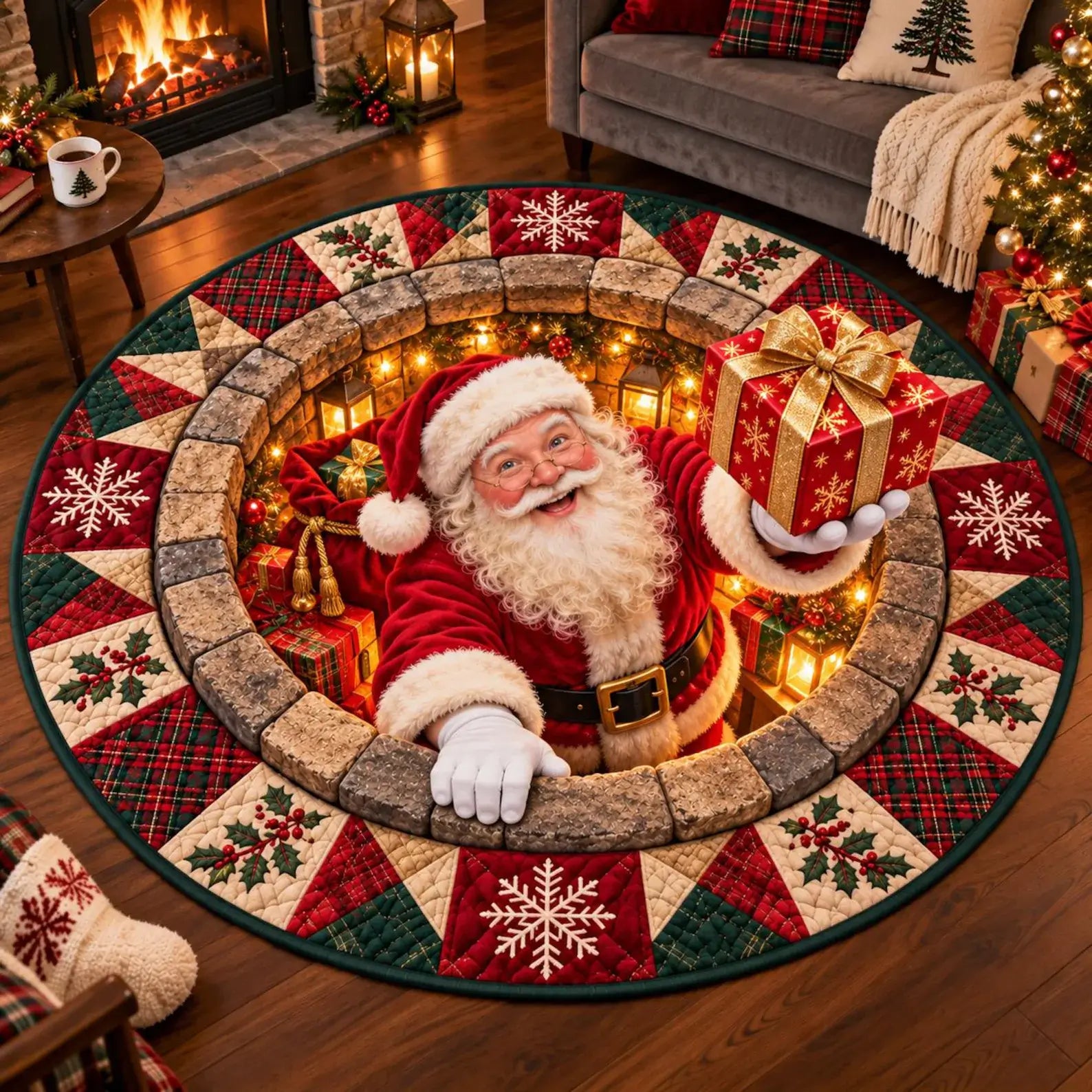 A round Christmas tree skirt displayed on a wooden floor in a cozy living room. The skirt features a central design of Santa Claus peeking out from inside a stone fire pit with warm string lights, holding a wrapped gift, surrounded by red and green plaid triangles with white snowflake motifs.