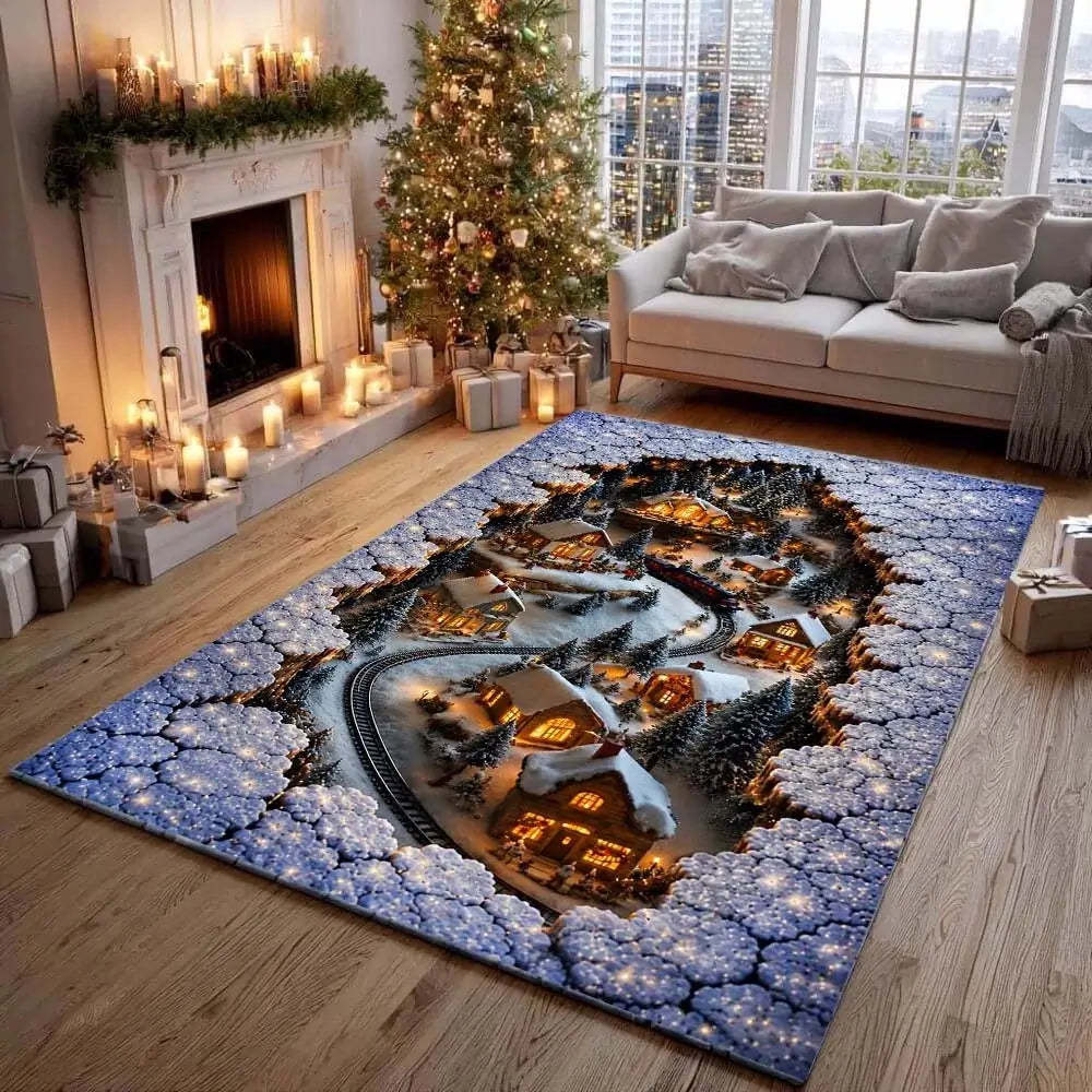 A rectangular area rug with a detailed 3D-effect winter village scene printed on it, displayed on a wooden floor in a decorated living room with a fireplace, Christmas tree, and sofa.