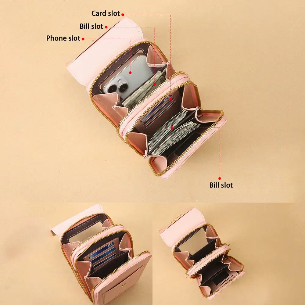 A pink wallet clutch with labeled card bill and phone slots holding a phone cash and cards with gold zippers