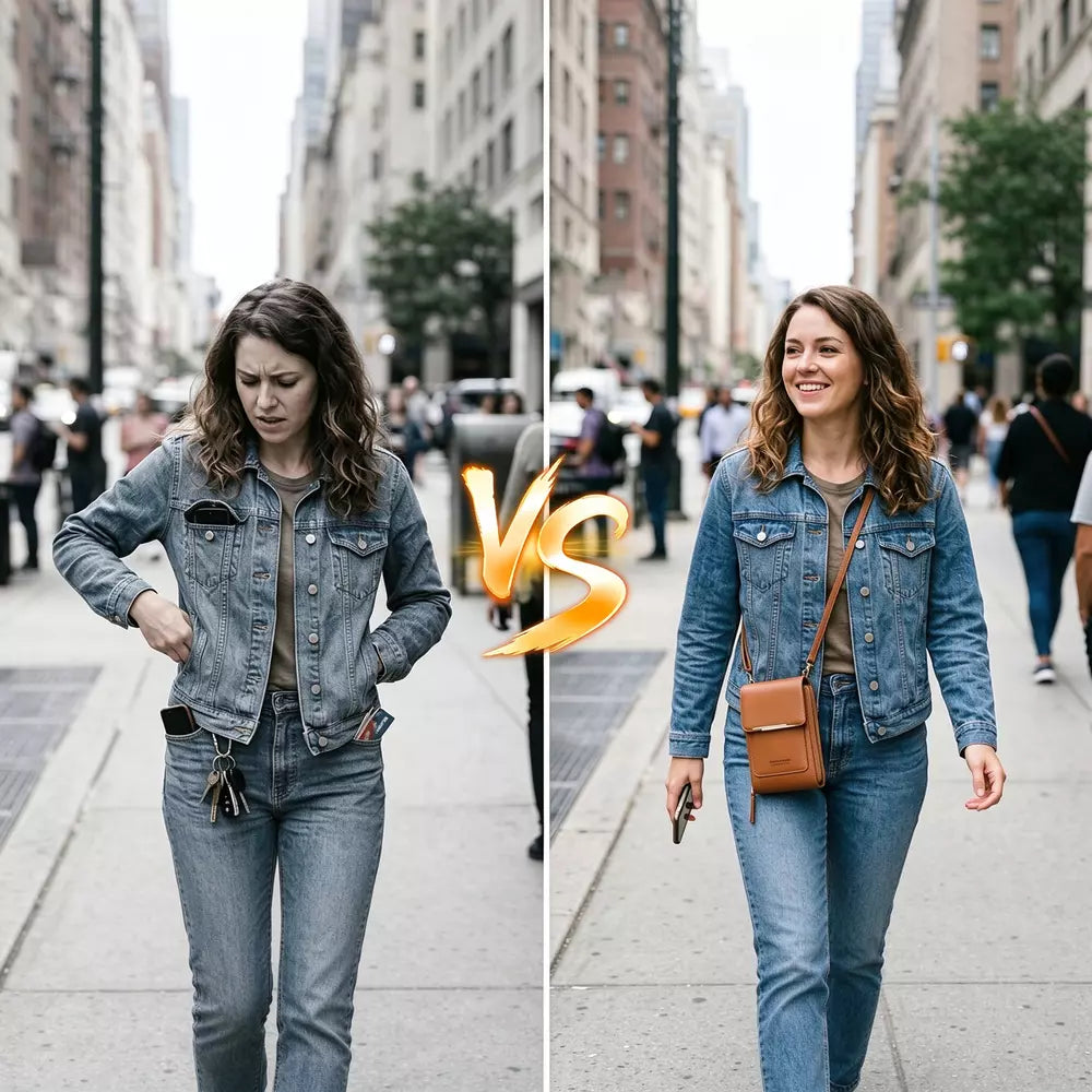 A split screen comparison showing an annoyed person with pockets full of items versus a smiling person carrying a brown crossbody bag