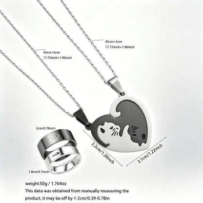 Silver couple necklace set with a heart-shaped pendant showing a cat and dog silhouette, accompanied by two matching ring pendants, with product dimensions and weight annotated on a white background.