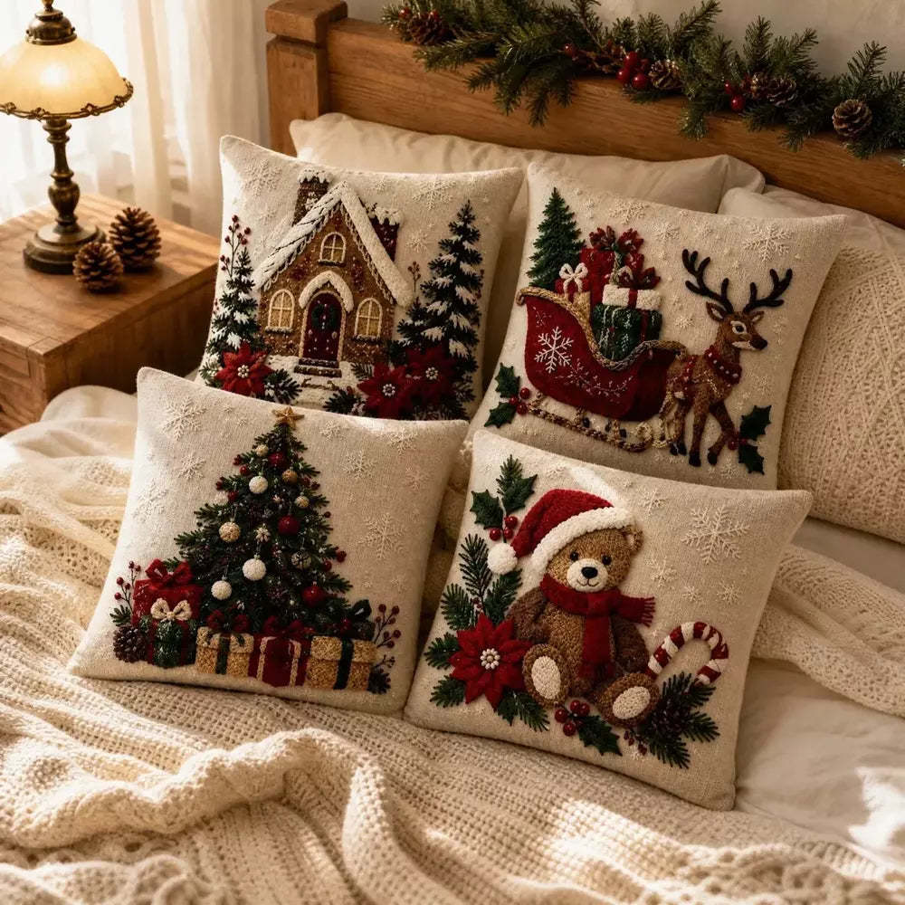 Festive Christmas cushion covers arranged on a bedroom bed