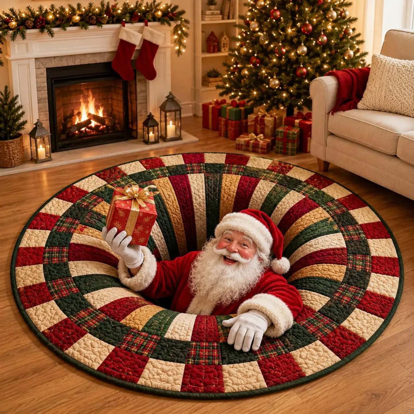 A round Christmas-themed rug with a red, green, and cream patchwork design, shown in a cozy living room with a fireplace, stockings, and a decorated tree. A Santa Claus figure emerges from the center of the rug, holding a wrapped gift.