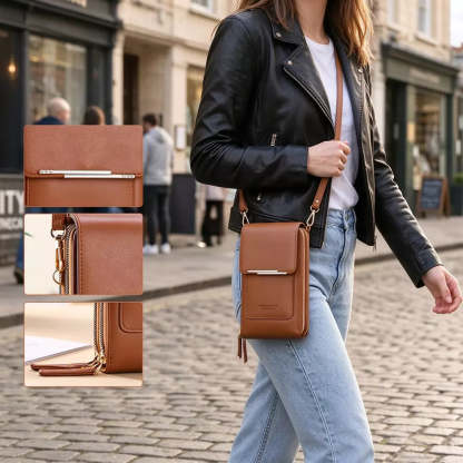 A woman in a black leather jacket walking on a cobblestone street carrying a brown crossbody bag with three detail shots