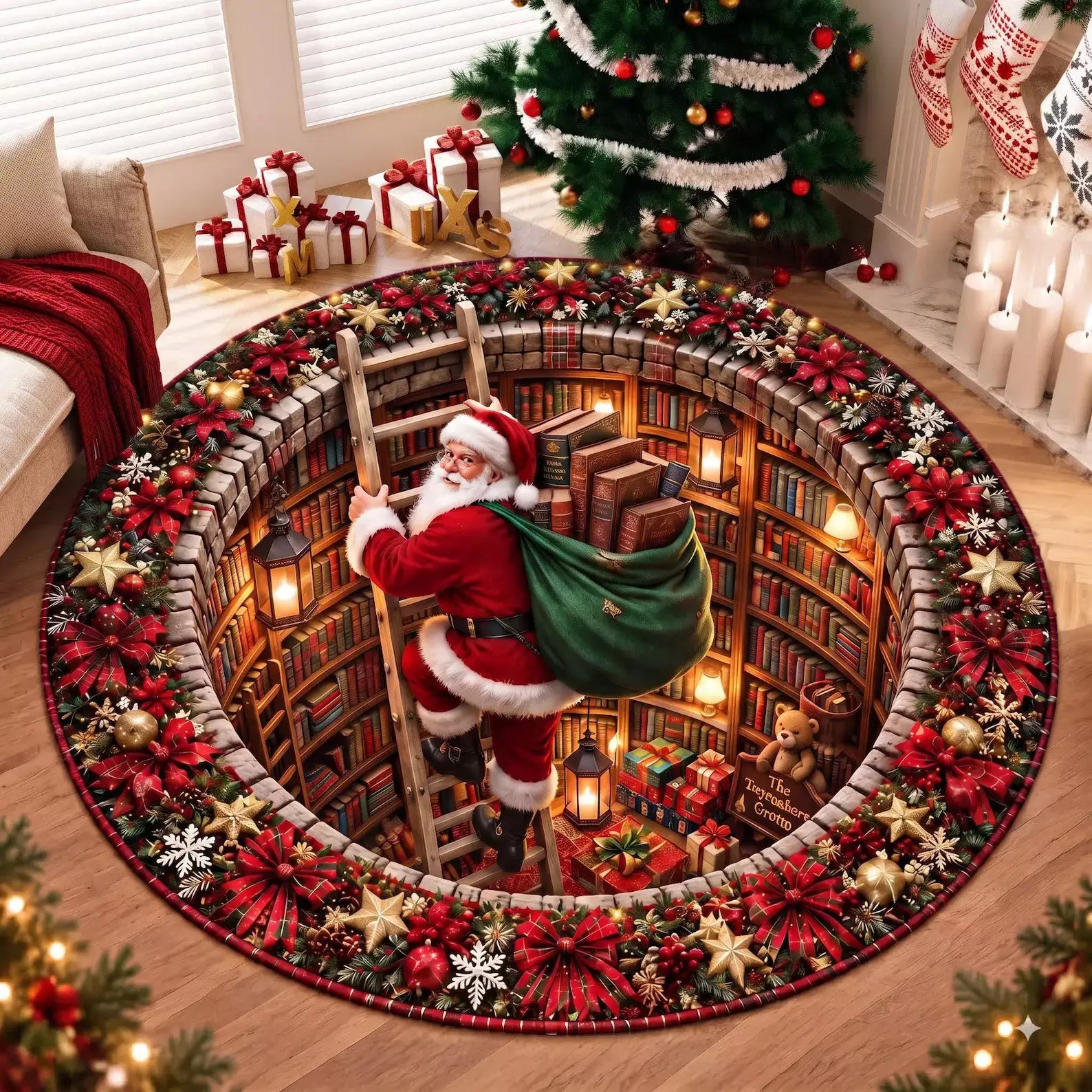 A round Christmas-themed area rug displayed on a wooden floor in a cozy living room. The rug features a detailed illustration of Santa Claus climbing a ladder into a glowing library, surrounded by a festive border of red bows, holly, pinecones, and gold stars.