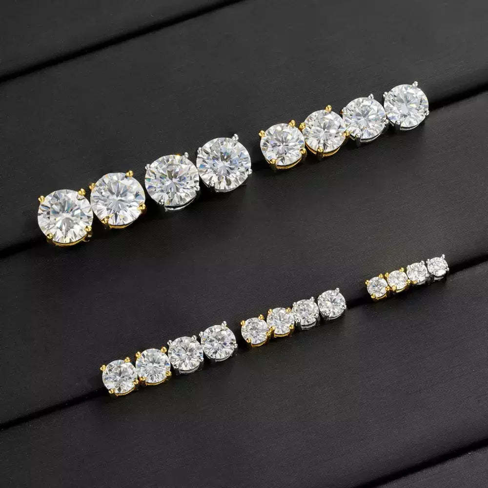 Four-prong setting on a round lab-created moissanite stud earring