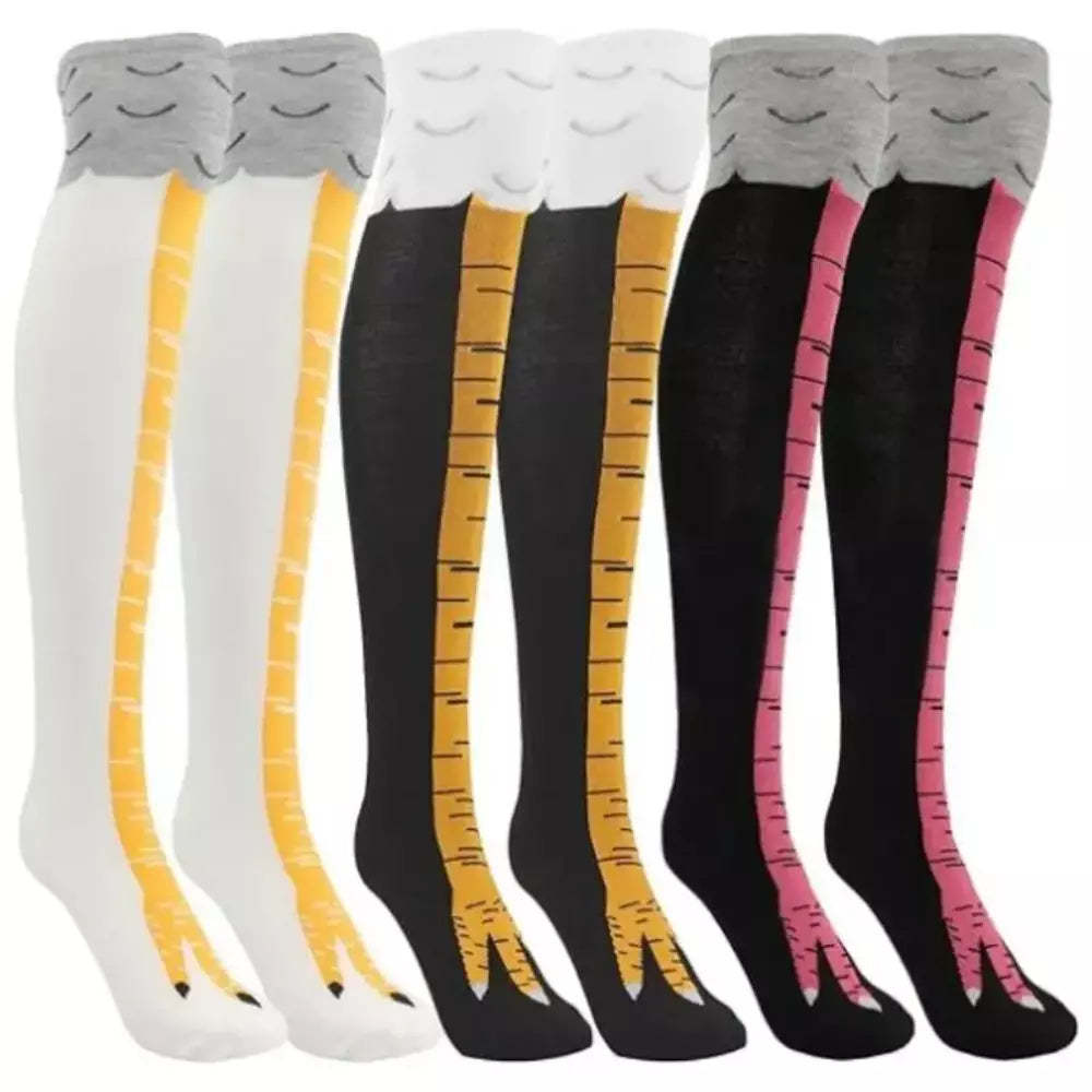 Three colors of chicken-themed novelty socks